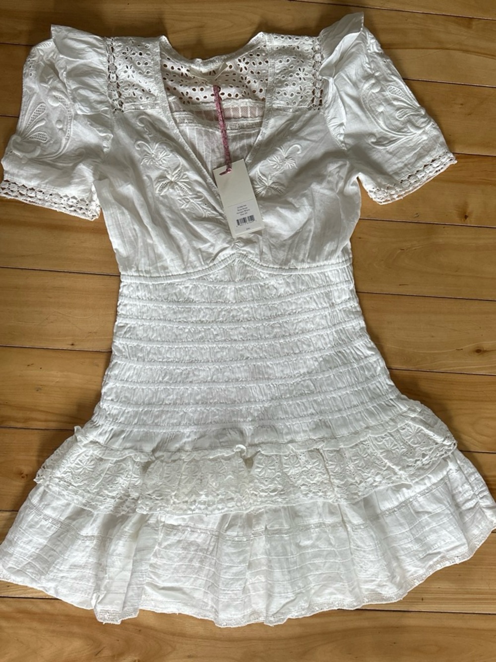 LoveShackFancy White Eyelet Smocked Mini Dress